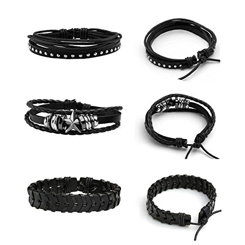 MILAKOO 6Pcs Punk Leather Bracelets for Women Men Braided PU Wristband Skull Skeleton Accessories - color: A: Black