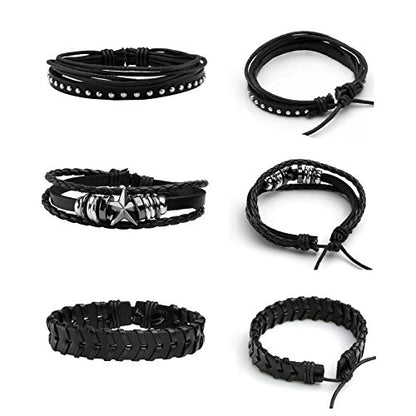 MILAKOO 6Pcs Punk Leather Bracelets for Women Men Braided PU Wristband Skull Skeleton Accessories - color: A: Black