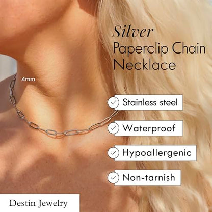 DESTIN Jewelry 18K Gold Plated Paperclip Chain Necklace, 2.5-6.5mm | Waterproof, hypoallergenic and tarnish-resistant adjustable stainless steel layering chain for women. - color: Stainless Steel, size: 16" + 2", style: 2.5 MM