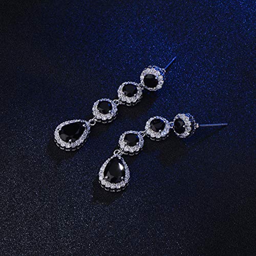 Women's Cubic Zirconia Bridal Earrings - Elegant Long Wedding Party Prom Earring for Bride Bridesmaids Crystal CZ Rhinestone Chandelier Statement Dangle Drop Earrings for girls - color: Black-silver