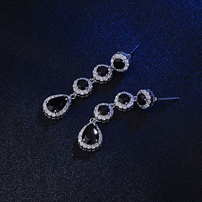 Women's Cubic Zirconia Bridal Earrings - Elegant Long Wedding Party Prom Earring for Bride Bridesmaids Crystal CZ Rhinestone Chandelier Statement Dangle Drop Earrings for girls - color: Black-silver