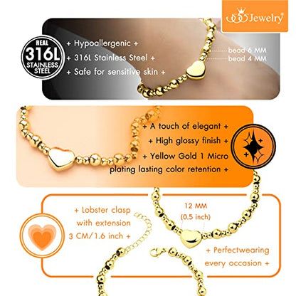 555Jewelry Stainless Steel Beads & Puffed Heart Charm Bracelet for Women & Ladies - color: Gold