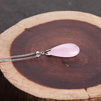 iSTONE 925 Sterling Silver Natural Crytral for Womens Pendant Necklace, Gemstone Birthstone with 17.8" Silver Chain Ladies - color: Rose Quartz