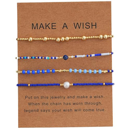 5Pcs Stack Gold Plated Ball Beaded Bracelets Set for Women, Boho Handmade Colorful Glass Pearl Stretch Accessories Jewelry, Summer Beach Daily Wear Holiday Friendship Gift - color: Blue Gold
