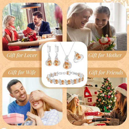 GZWHD Jewelry Set for Women Water Drop Cubic Zirconia Artificial Crystal Earrings Pendant Necklace Open Ring Tennis Bracelet Wedding Anniversary Birthday Engagement Gift for Bridesmaid Wife Girlfriend Friend - color: Champagne