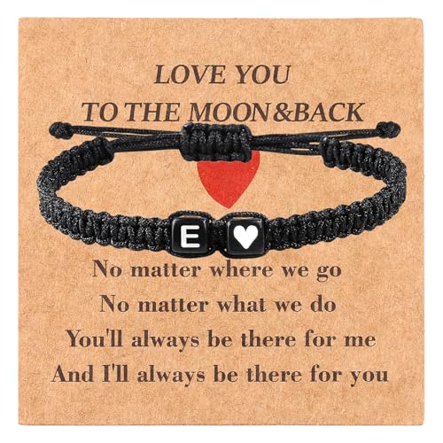 Valentines Day Gifts for Him Her Heart Love Letter Initial Matching Couple Bracelets for Women Men Teen Gifts Best Friend Graduation Birthday Gifts A-Z Braided Bracelet Son Daughter Dad Jewelry - color: Black-E