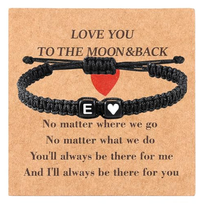 Valentines Day Gifts for Him Her Heart Love Letter Initial Matching Couple Bracelets for Women Men Teen Gifts Best Friend Graduation Birthday Gifts A-Z Braided Bracelet Son Daughter Dad Jewelry - color: Black-E