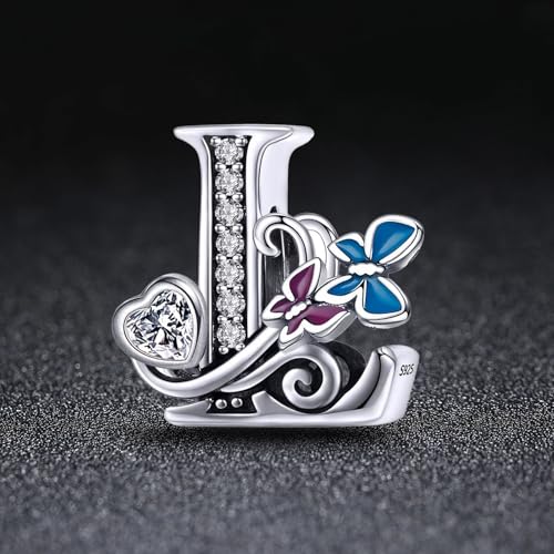 S925 Silver Butterfly Initial Letter Charms Fit for Pandora Charms Bracelets and Necklace Alphabet Bead Charms Jewelry Gifts for Women - color: L