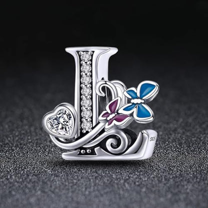 S925 Silver Butterfly Initial Letter Charms Fit for Pandora Charms Bracelets and Necklace Alphabet Bead Charms Jewelry Gifts for Women - color: L