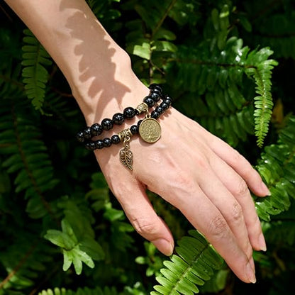 Bivei Natural Semi Precious Gemstone beads bracelet for women - Life Tree and Leaf Charm Energy Reiki Crystal Stretch Bracelets - color: Onyx Bracelet Set, size: Medium:6.8-7.24inch