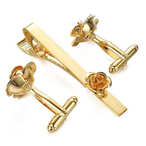 Pearl Rose Tie Clip Cufflinks Set for Men Gold Silver Gun-black Cufflinks and Tie Clip Groom Wedding Business Jewelry - style: Rose Set-Gold