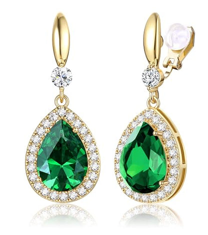 THUNARAZ Clip on Dangle Earrings for Women, Rhinestone Wedding Prom Jewelry | Clip Earrings Non-Pierced, Teardrop Dangle Earrings, Crystal Drop Earrings, Elegant Rhinestone Jewelry for Bride Bridesmaid - color: Gold Tone/Green Stone