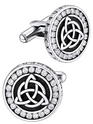 FaithHeart Mens Cufflinks, Norse Viking Tuxedo Shirt Cuff Links, Stainless Steel Cuff Links and Shirt Studs, Gift Box - style: 02. Trinity Celtic CZ-Silver