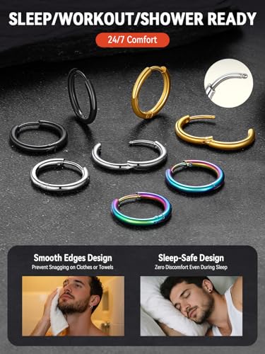 FaithHeart Stainless Steel Black/Silver/Gold Huggie Hoop Earrings for Men | Hypoallergenic Small Hoop Earrings Lightweight Sleeper Earrings Waterproof Cartilage Piercing Jewelry Gift 8-16mm - color: Silver-Round, size: Diameter 12mm