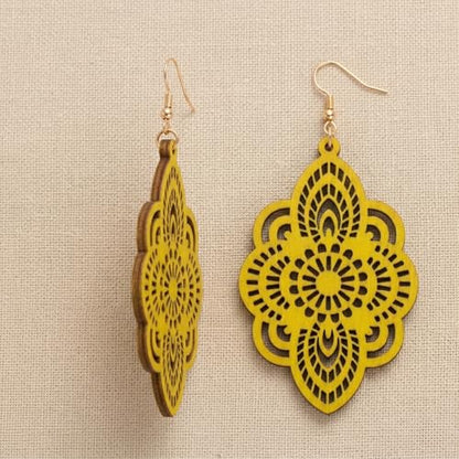 Boho Black Filigree Dangle Earrings for Women, Lightweight Hollow Lace Drop, Wood, 3.34" x 1.69", Bohemian Jewelry - color: Yellow