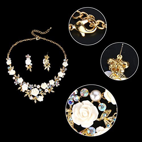 EVER FAITH Costume Jewelry Crystal Simulated Pearl Rose Flower Leaf Prom Party Statement Necklace Earrings Bracelet Set for Women - color: Iridescent Clear AB Gold-Tone