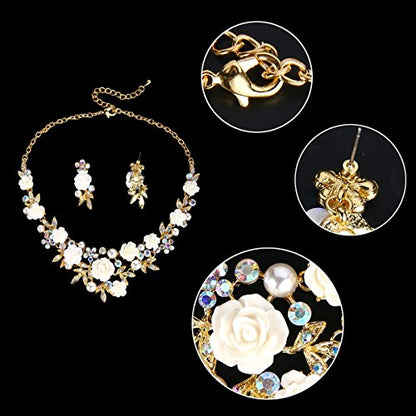EVER FAITH Costume Jewelry Crystal Simulated Pearl Rose Flower Leaf Prom Party Statement Necklace Earrings Bracelet Set for Women - color: Iridescent Clear AB Gold-Tone