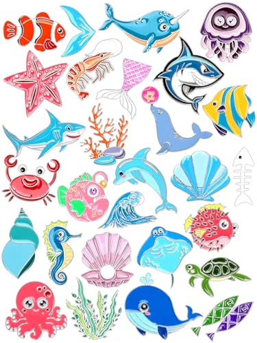 JUNEBRUSHS 28PCS Ocean Sea Animal Enamel Pins Cute Fish Sea Creature Brooch Pins for Ocean Theme Party Classroom Favor Supplies Exchange Gift Clothes Hat Accessories - style: Ocean Style