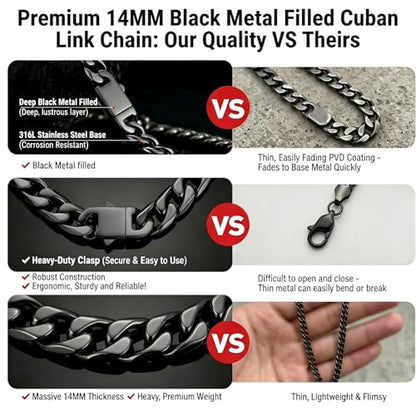 Qlaway 14MM Black Cuban Link Chain for Men, 316L Stainless Steel and Black Metal Filled, Available In 22/24/26/28/30 Inches, Black Necklace for Men - style: 14MM-30 Inch