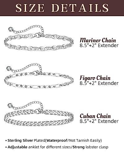 Sterling Silver Ankle Bracelets for Women Strong Lobster Clasp - Cuban Link, Figaro, Rope, Flat Mariner, Snake Herringbone, Satellite, Paperclip - Summer Beach Waterproof Silver Anklet - color: Curb, Figaro, Flat Mariner