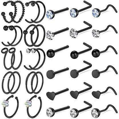 ONESING 9-40 Pcs Nose Rings - Hoops, Studs & L Shape - Hypoallergenic Stainless Steel Nose Piercings for Women & Men - color: Black