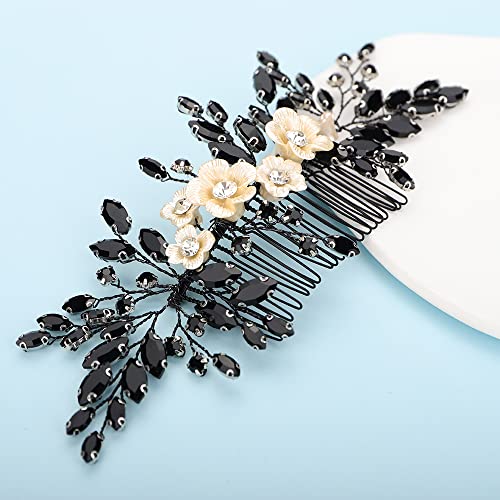 Bridal White Flower Black Crystal Rhinestone Hair Comb for Bride Bridesmaid Sliding side Headpieces Wedding Hair Accessories for Women and Girls (Black) - color: Black