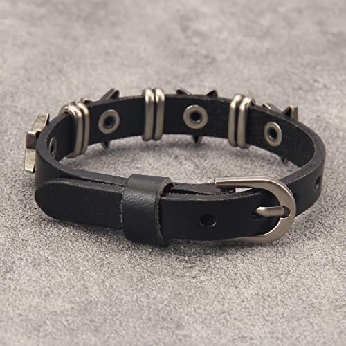 Jeilwiy Punk Leather Wristbands for Men Bracelets Handmade Wide Cuff Bangle Braided Jewelry Black Brown Adjustable - Punk Father's Gifts - color: HGB117
