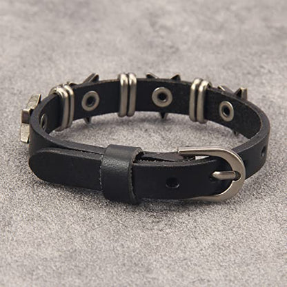 Jeilwiy Punk Leather Wristbands for Men Bracelets Handmade Wide Cuff Bangle Braided Jewelry Black Brown Adjustable - Punk Father's Gifts - color: HGB117