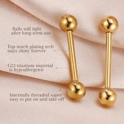 AROWRO Nipple Piercing Jewelry G23 Titanium Nipple Rings Tongue Rings Nipple Bar 14G Internally Threaded Straight Barbells Bridge Piercing Jewelry 12mm-20mm - color: Gold