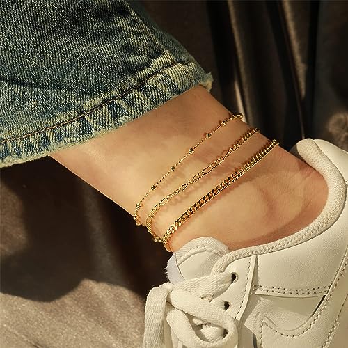 Gold Triple Layers Ankle Bracelet for Women 14K Gold Plated Waterproof Christmas Womens Jewelry Gifts Adjustable 8.2+1.5 inches Ankles for Women Trendy