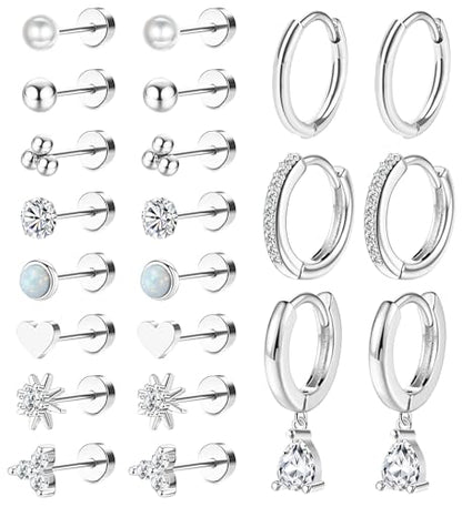 MJust 18 Pairs Earrings Set – Flat Back Stud Hypoallergenic 20G Steel stud | 18 Pairs Flat Back Earrings Set – Hypoallergenic 316L Steel Studs for Cartilage & Lobe Piercings - color: Silvery-11P
