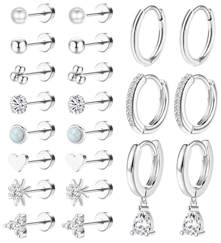 MJust 18 Pairs Earrings Set – Flat Back Stud Hypoallergenic 20G Steel stud | 18 Pairs Flat Back Earrings Set – Hypoallergenic 316L Steel Studs for Cartilage & Lobe Piercings - color: Silvery-11P