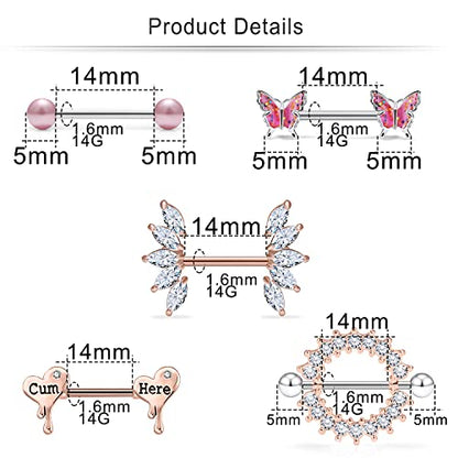 Cisyozi Butterfly Nipple Rings 14G Nipple Piercing Jewelry Stainless Steel Nipple Tongue Ring Barbell Piercing Jewelry for Women 14mm Silver Black Purple Rose Gold 7Pairs - color: 14G(1.6mm) Rose Gold Set