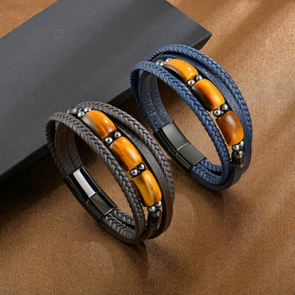 Mens Tiger Eye Leather Bracelet, Natural Tiger Eye Stone Multi-Layer Braided Cuff Bracelets for Men, Stainless Steel with Buckle Memorial Bangle Gifts for Him - color: Blue