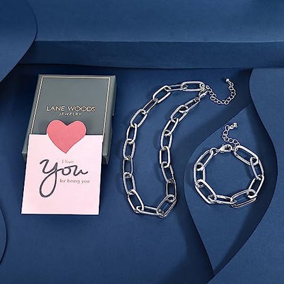 LANE WOODS Chunky Gold Necklace and Bracelet Set for Women, Paperclip Chain | Matching necklace and bracelet set, polished paperclip links, chunky statement style for layering, daily wear, and gifting - color: silver