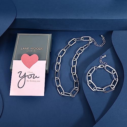 LANE WOODS Chunky Gold Necklace and Bracelet Set for Women, Paperclip Chain | Matching necklace and bracelet set, polished paperclip links, chunky statement style for layering, daily wear, and gifting - color: silver 15"Chain+7"Bracelet