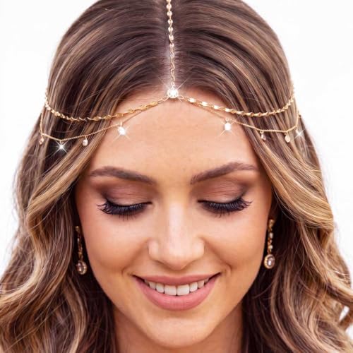 BARTOSI Rhinestone Head Chain Gold Wedding Headpiece Accessories for Women | Boho Crystal Head Chain Gold Forehead Layered Headband Prom Bridal Hair Jewelry - color: B-Gold