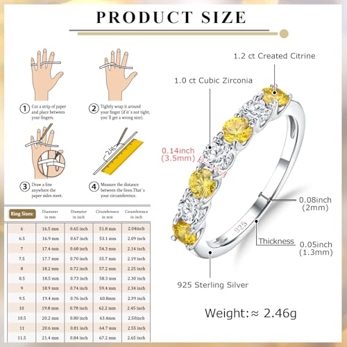 Birthstone Wedding Band Eternity Rings 925 Sterling Silver Rings Stackable Anniversary Engagement Rings Cubic Zirconia Inlaid Created Garnet/Amethyst/Sapphire Ring 7 Stone Ring, Size 6 to 10 - color: Citrine & 5A CZ