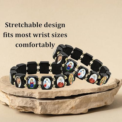 Catholica Shop Devotional Catholic Religious Wood Stretch Bracelets. Small and Large Panels with Assorted Images of Saints, Jesus and Mary. Unisex. Handcrafted in Brazil - style: Small BK Panel Gold Tone