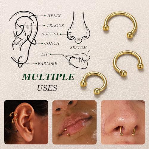 G23 Titanium 14/16/18/20G Septum Rings Horseshoe Nose Ring Jewelry | 2/3Pcs Circular Barbell Spike Lip Body Piercing Jewelry Conch Helix Tragus Earring Silver/Black 8/10/12mm 14K Gold Plated - color: Gold-3pcs, size: Balls-3pcs-14g-8/10/12mm