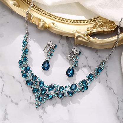 Wedding Statement Necklace Clip-on Earrings Jewelry Set | Sparkling Austrian Crystal Teardrop Cluster for Party Prom Accessories - color: 08-Blue Topaz Silver-Tone