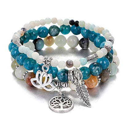 Tree of Life Yoga Healing Stone Bracelets,Multilayer Lotus Chakra Stone Reiki Bracelet Sets,Anxiety Crystal Natural Stone,for Women Stress Relief - style: Style 6 Amazonite + Apatite