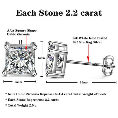 925 Sterling Silver Stud Earrings 4 Prong Princess Cut Square Cubic Zirconia Ear Stud for Women Men CZ 4mm-7mm - style: White Gold--4.40cttw (6mm)