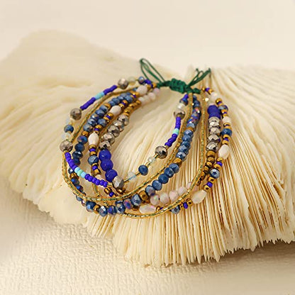 Boho Braided Beaded Ankle Bracelets Handmade Adjustable Beach Wrap Bracelet Draw String Anklets Bracelets Gifts for Women - color: Blue