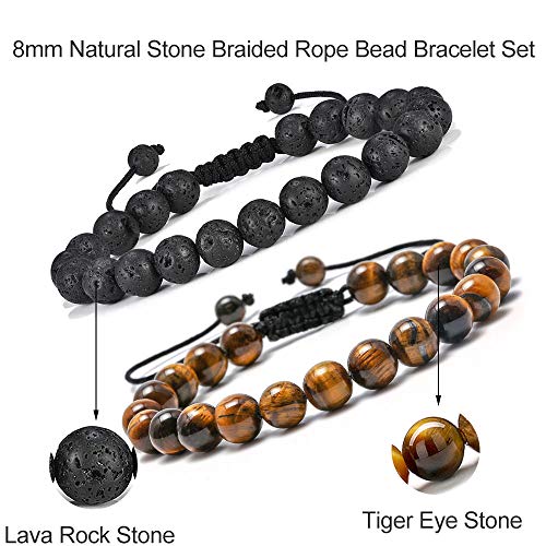 M MOOHAM Mens Bracelet - Beaded Natural Stone 8mm Tiger Eye Matte Agate Lava Rock Bracelets for Men Teen Boys Grandpa Dad Birthday Gifts Jewelry - style: Lava Rock & Yellow Tiger Eye Bracelets