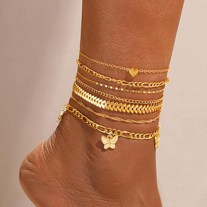 Adjustable Waterproof Layered Bracelets for Women Summer Beach Cuban Link Chain Anklets Set Herringbone Paperclip Beaded Snake Chain Stackable Anklet Stainless Steel Jewelry Bracelet - color: 7PCS-Gold