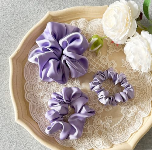 3 Pieces Satin Scrunchies Set for Hair No Crease Elastic Hair Ties for Women and Girls (Purple) - color: Purple