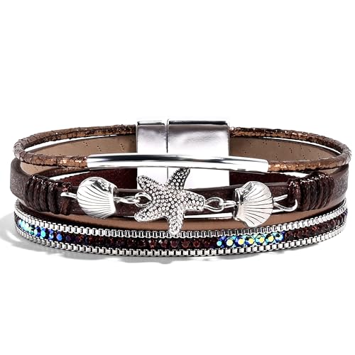 VIBILIA Boho Leather Wrap Bracelets for Women Multi-Layer Bracelets | With Strong Clasp Jewelry for Women - color: 04-ShellStarfish-Coffee