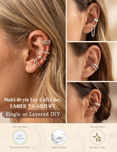 Giovanchi 16Pcs Ear Cuffs Non Piercing Ear Cuff Earrings for Women | 14K Gold Plated Ear Cuff, Adjustable, Non Pierced Ears, Clip on Cartilage Earring Fake Earrings Set - color: A-14K White Gold Plated