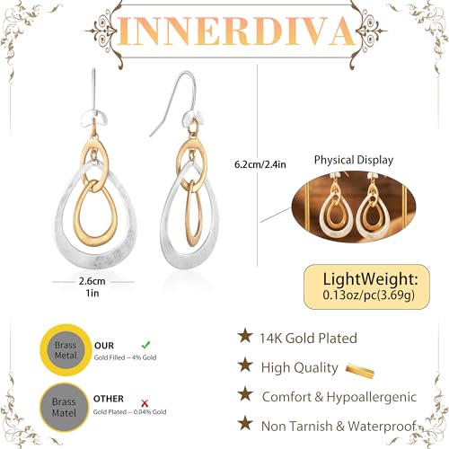 Antique Gold Hammered Disc Drop Earrings Boho Earrings with Two Tone Jewelry Gift - color: AMZ-EH21321A-L